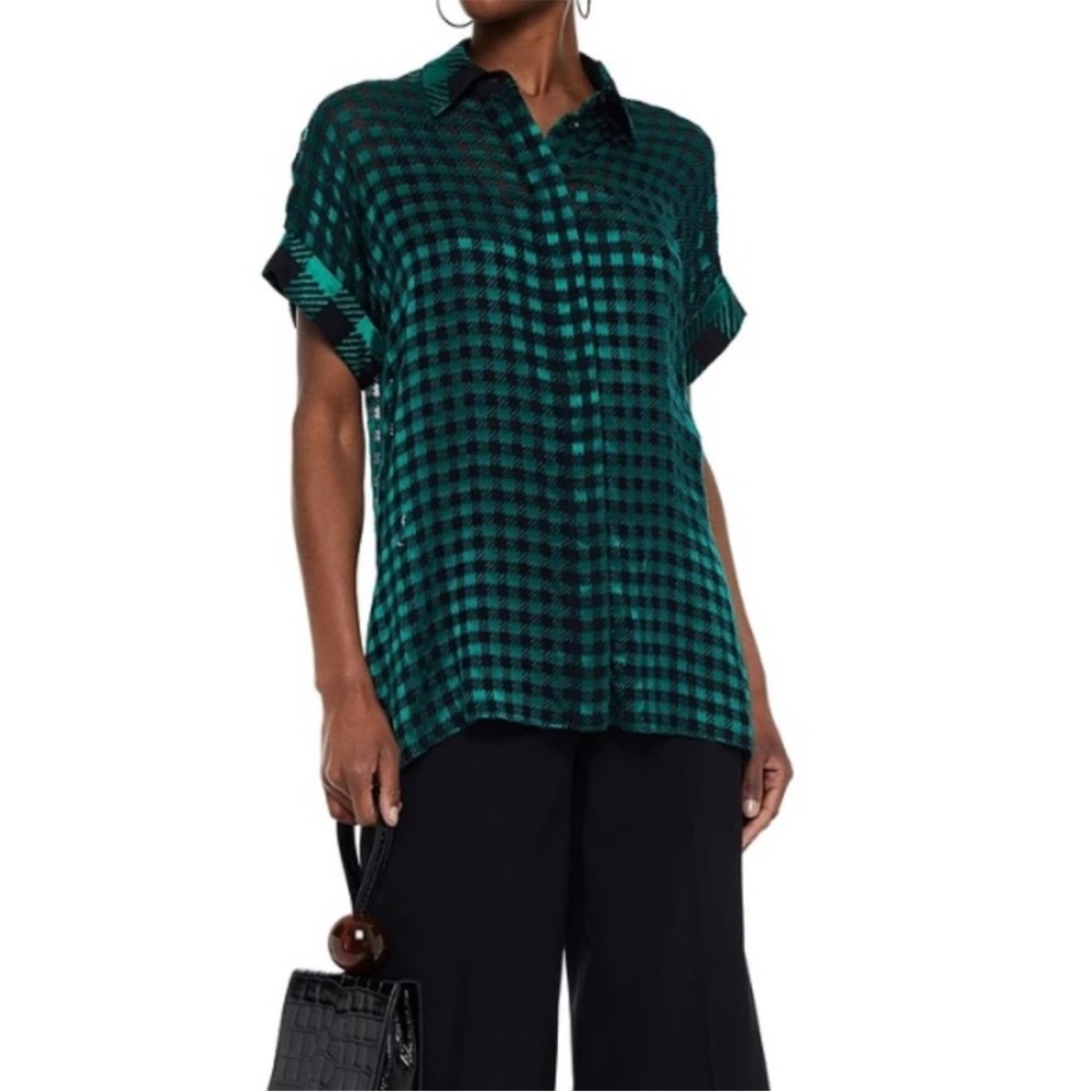 Alice + Olivia Edith Green Checkered Women's Tunic Top Small NWT